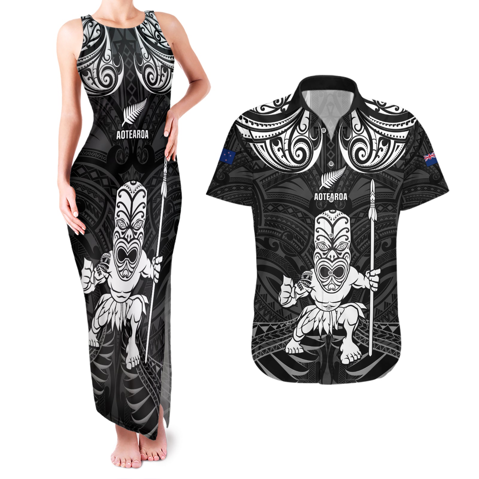 Custom New Zealand Maori Taiaha Couples Matching Tank Maxi Dress and Hawaiian Shirt Tiki Warrior Black LT05 Black - Polynesian Pride