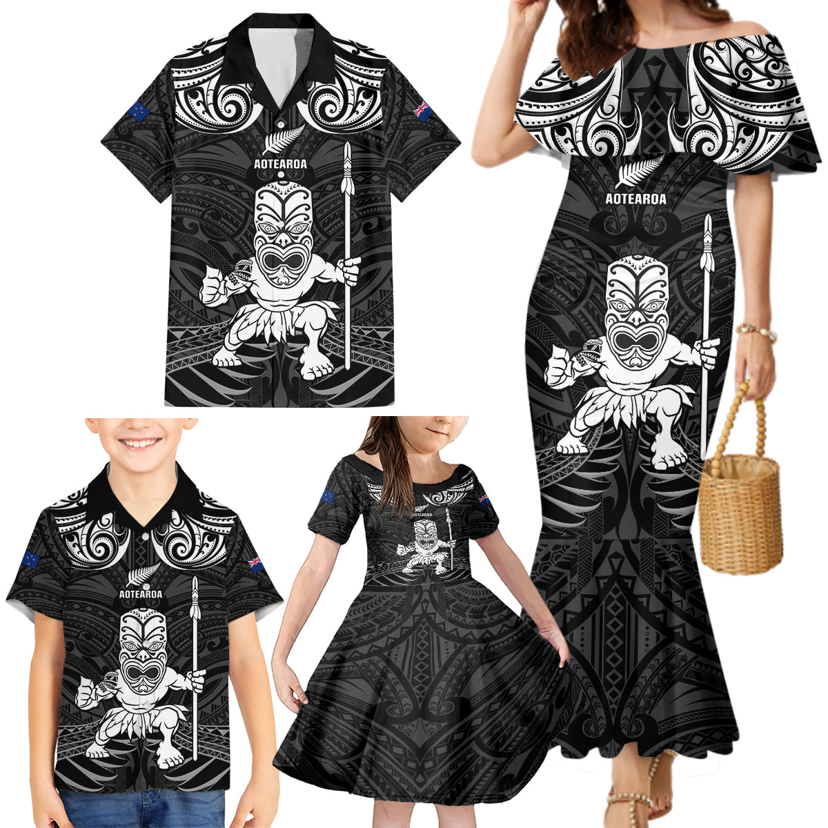 Custom New Zealand Maori Taiaha Family Matching Mermaid Dress and Hawaiian Shirt Tiki Warrior Black LT05 - Polynesian Pride