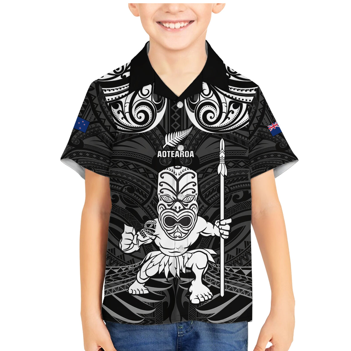 Custom New Zealand Maori Taiaha Family Matching Mermaid Dress and Hawaiian Shirt Tiki Warrior Black LT05 Son's Shirt Black - Polynesian Pride
