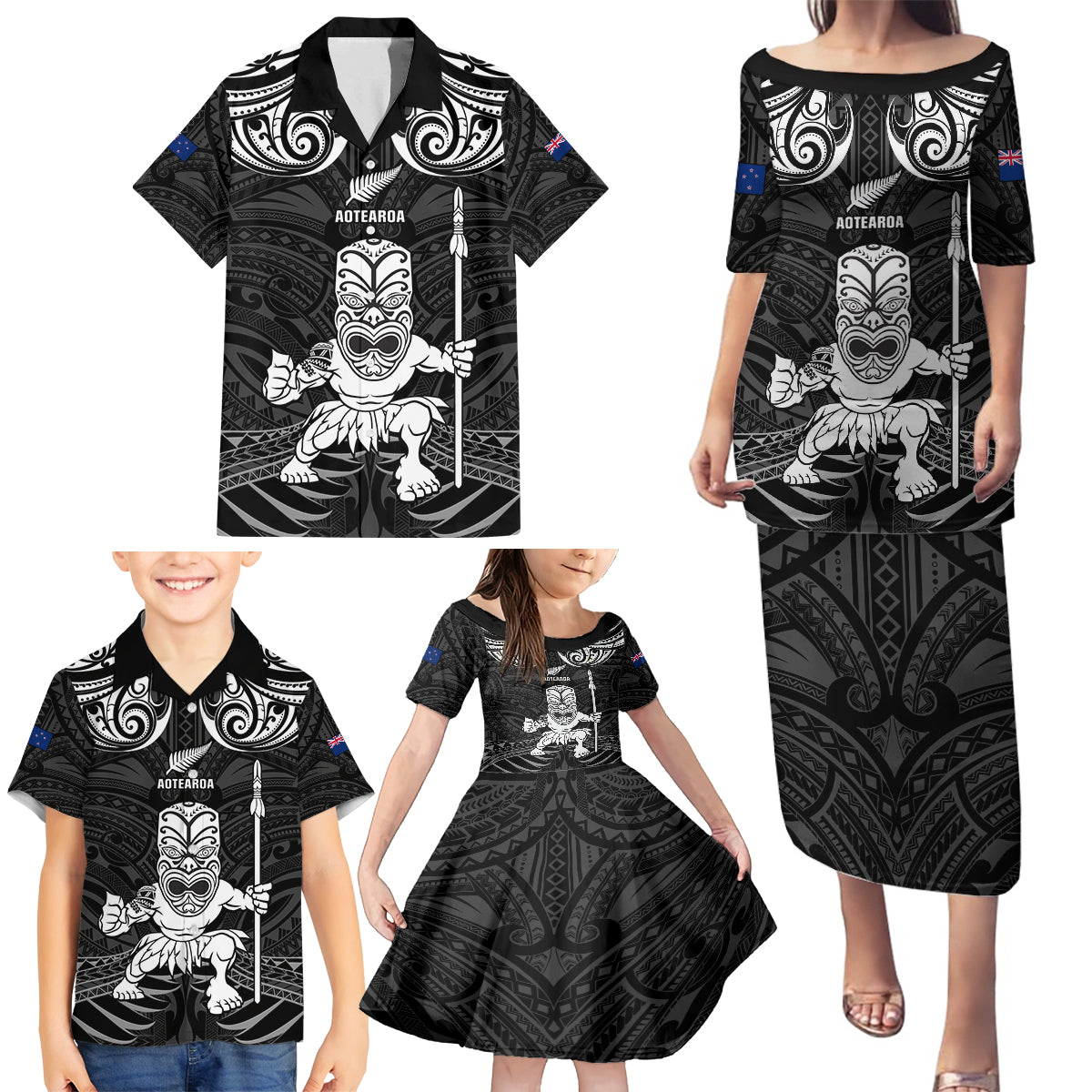 Custom New Zealand Maori Taiaha Family Matching Puletasi and Hawaiian Shirt Tiki Warrior Black LT05 - Polynesian Pride