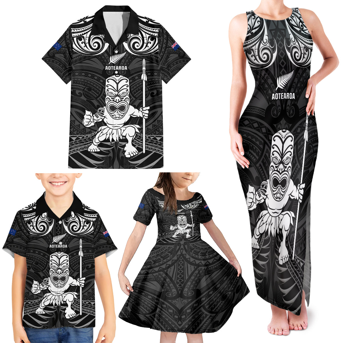 Custom New Zealand Maori Taiaha Family Matching Tank Maxi Dress and Hawaiian Shirt Tiki Warrior Black LT05 - Polynesian Pride