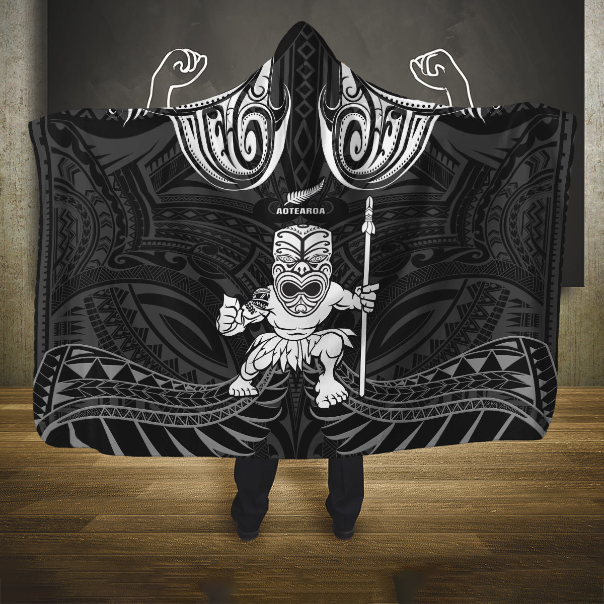 New Zealand Maori Taiaha Hooded Blanket Tiki Warrior Black LT05 One Size Black - Polynesian Pride