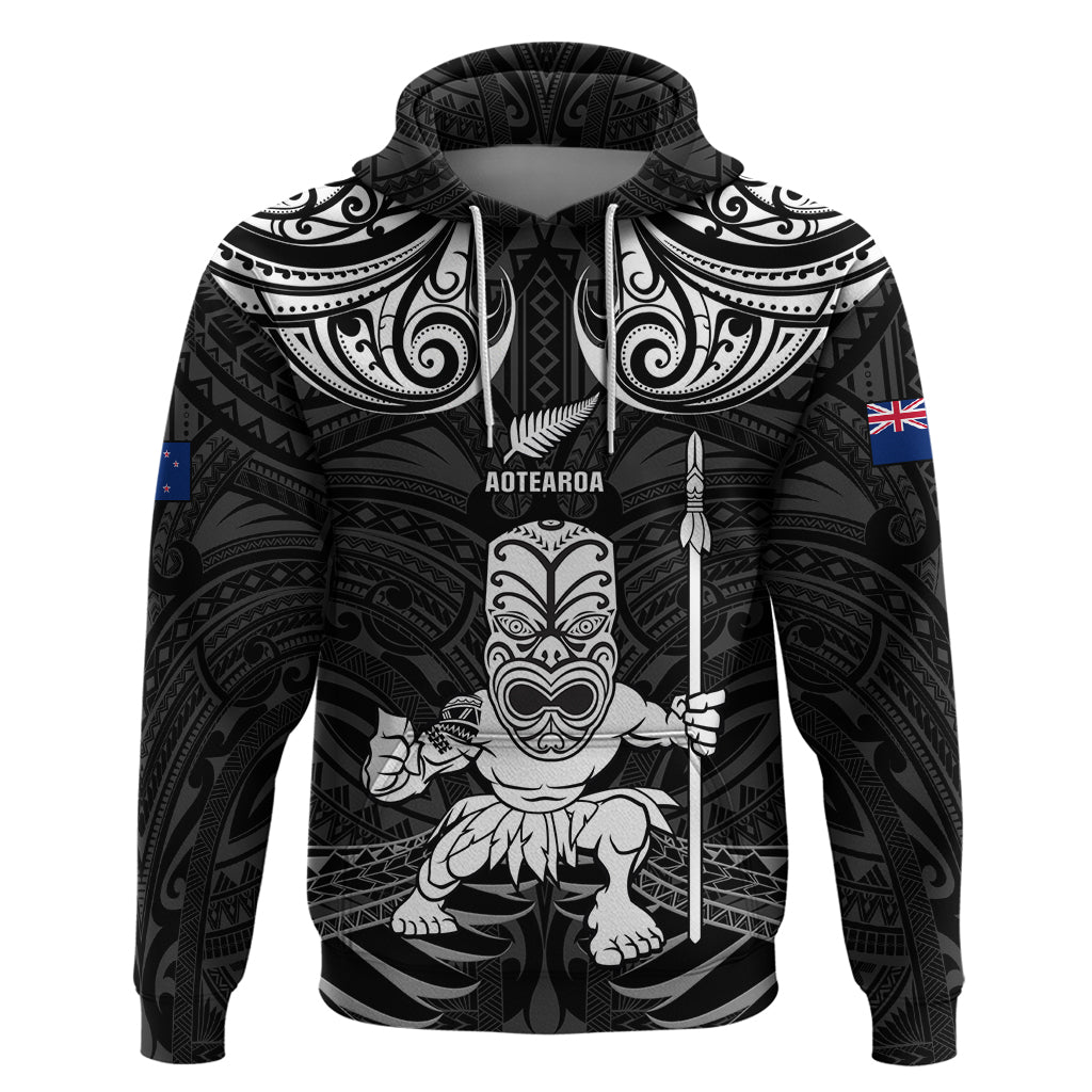 Custom New Zealand Maori Taiaha Hoodie Tiki Warrior Black LT05 Pullover Hoodie Black - Polynesian Pride