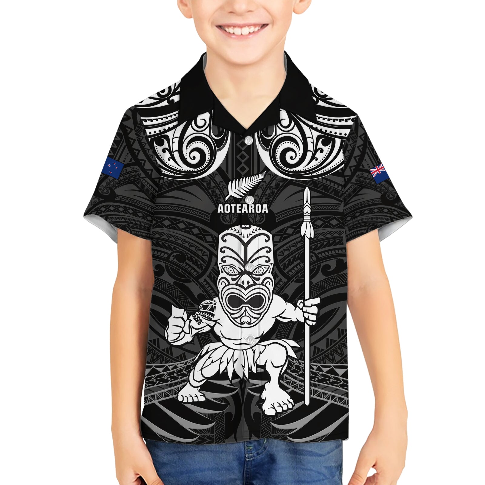 Custom New Zealand Maori Taiaha Kid Hawaiian Shirt Tiki Warrior Black LT05 Kid Black - Polynesian Pride