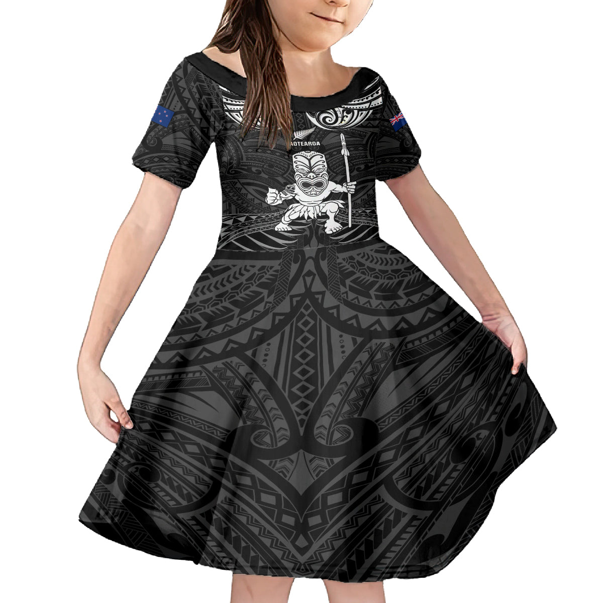 Custom New Zealand Maori Taiaha Kid Short Sleeve Dress Tiki Warrior Black LT05 KID Black - Polynesian Pride