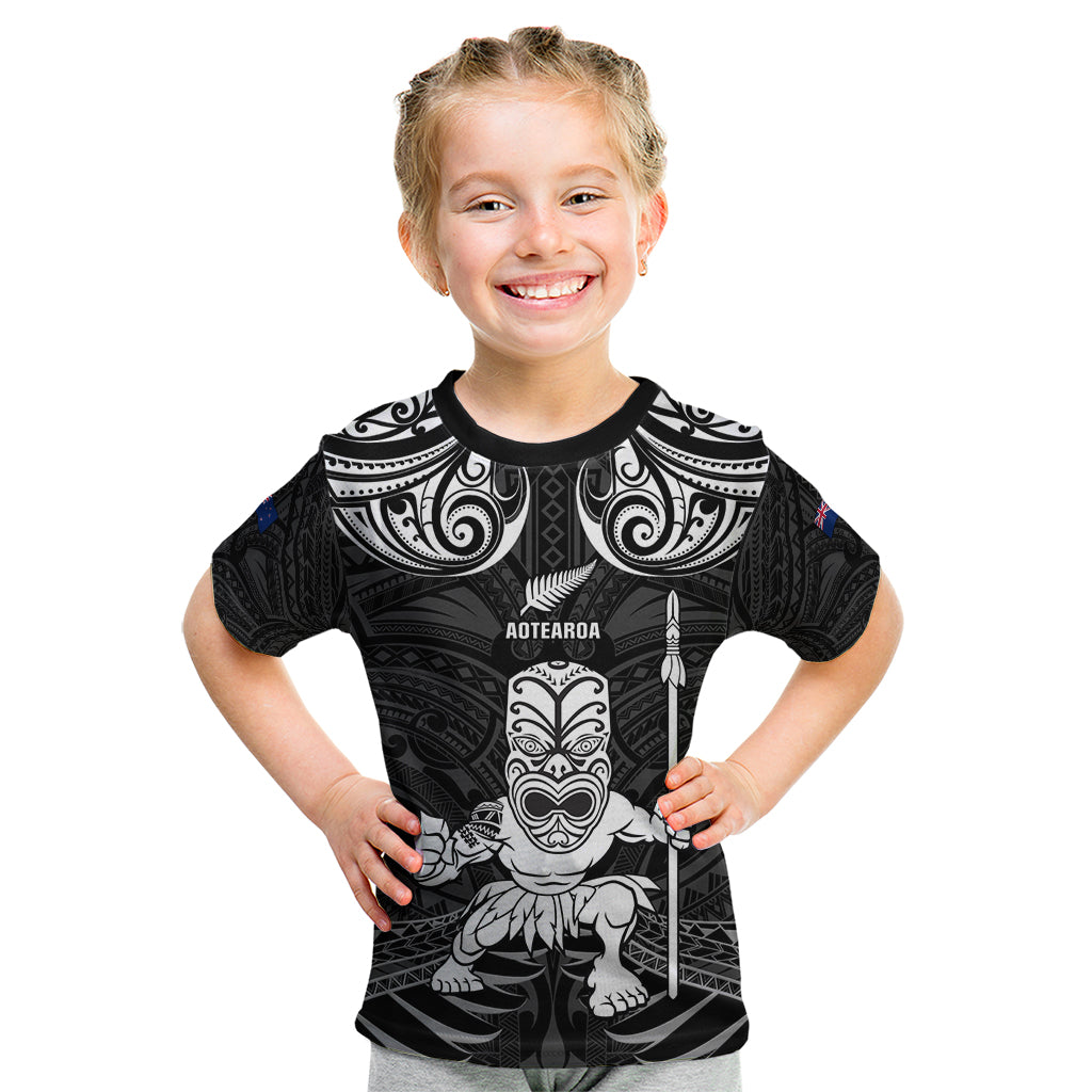 Custom New Zealand Maori Taiaha Kid T Shirt Tiki Warrior Black LT05 Black - Polynesian Pride