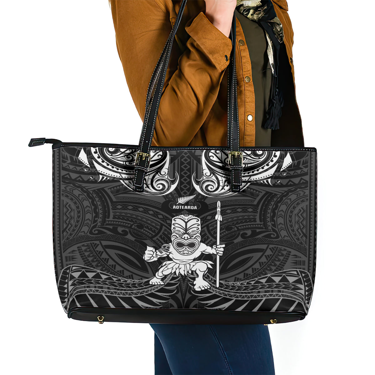 New Zealand Maori Taiaha Leather Tote Bag Tiki Warrior Black LT05 - Polynesian Pride