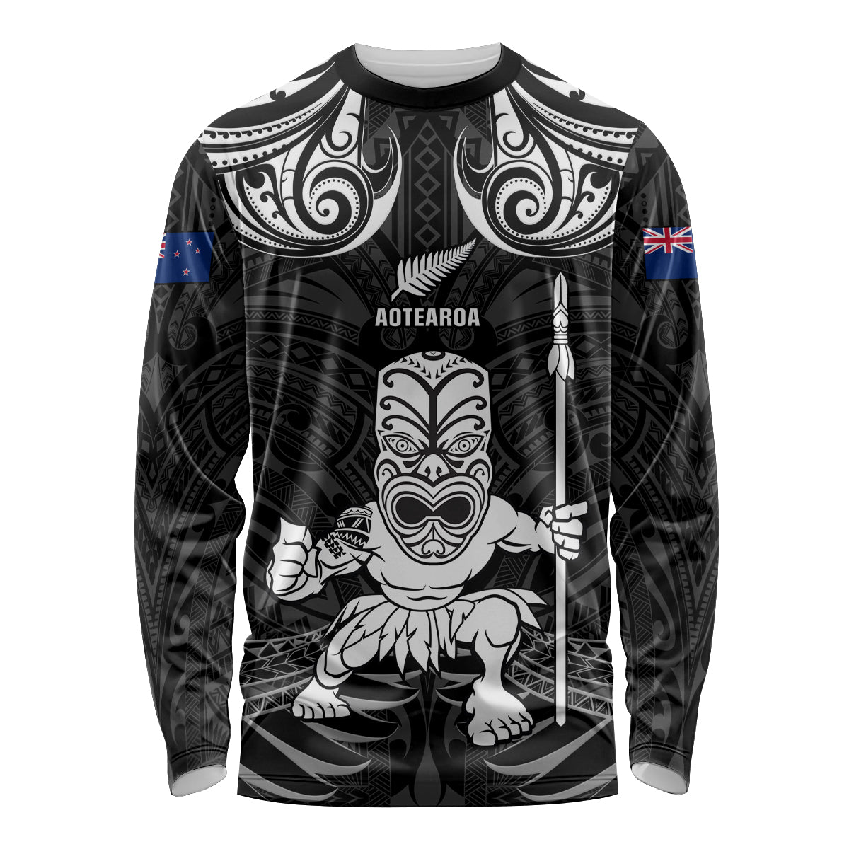 Custom New Zealand Maori Taiaha Long Sleeve Shirt Tiki Warrior Black LT05 Unisex Black - Polynesian Pride