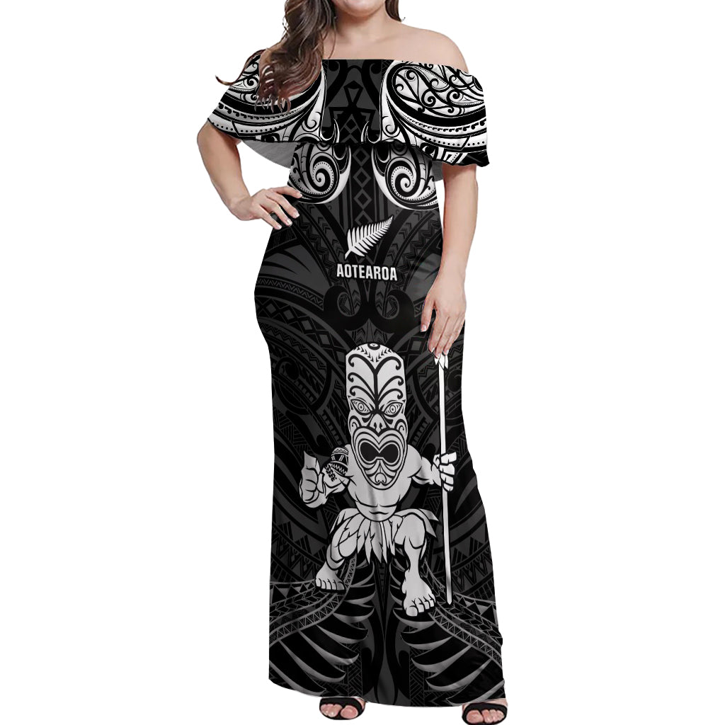 Custom New Zealand Maori Taiaha Off Shoulder Maxi Dress Tiki Warrior Black LT05 Women Black - Polynesian Pride