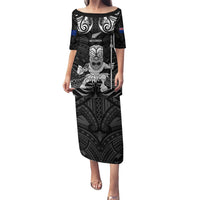 Custom New Zealand Maori Taiaha Puletasi Tiki Warrior Black LT05 Long Dress Black - Polynesian Pride