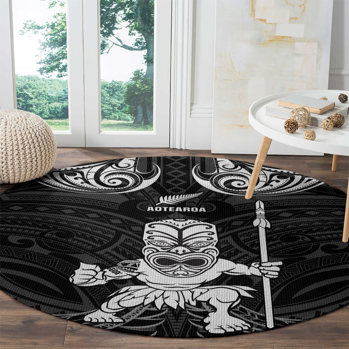 New Zealand Maori Taiaha Round Carpet Tiki Warrior Black LT05 - Polynesian Pride