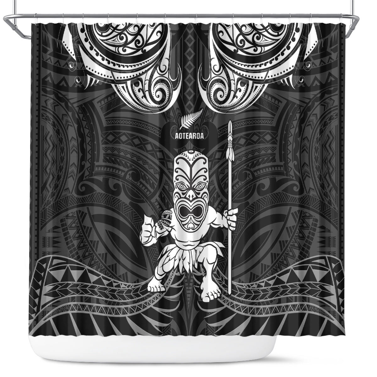 New Zealand Maori Taiaha Shower Curtain Tiki Warrior Black LT05 Black - Polynesian Pride