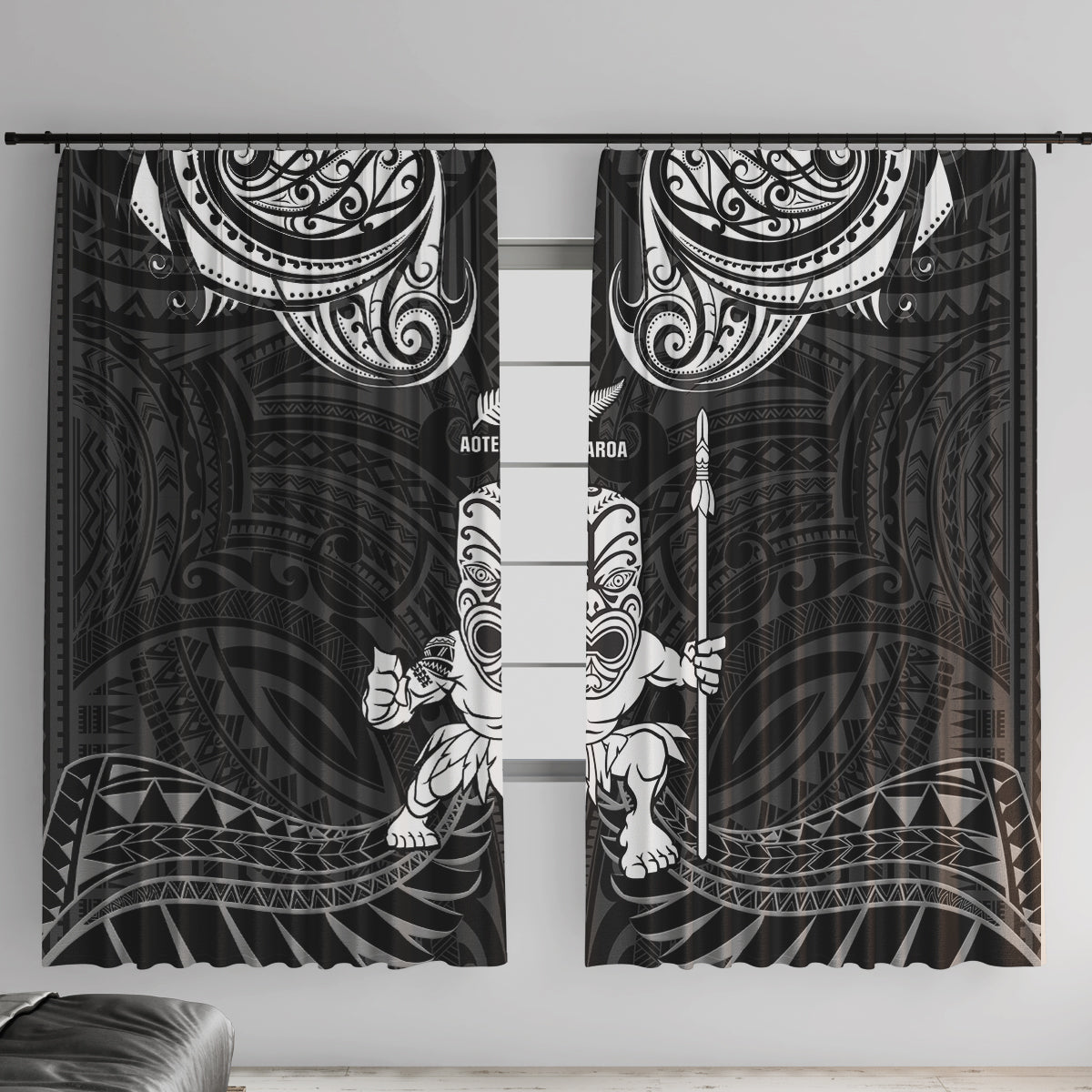 New Zealand Maori Taiaha Window Curtain Tiki Warrior Black LT05 With Hooks Black - Polynesian Pride