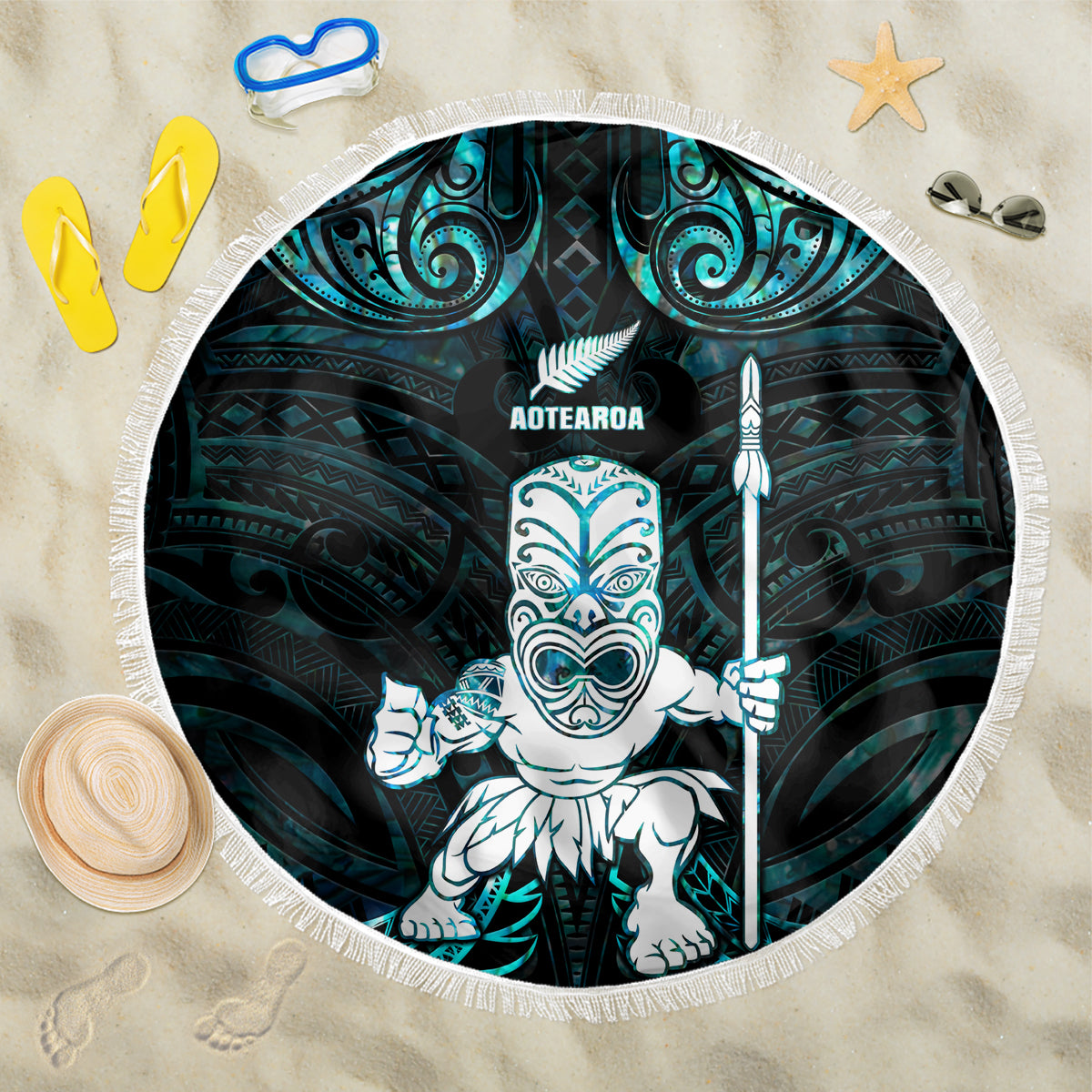 New Zealand Maori Taiaha Beach Blanket Tiki Warrior Paua Shell LT05 One Size 150cm Black - Polynesian Pride