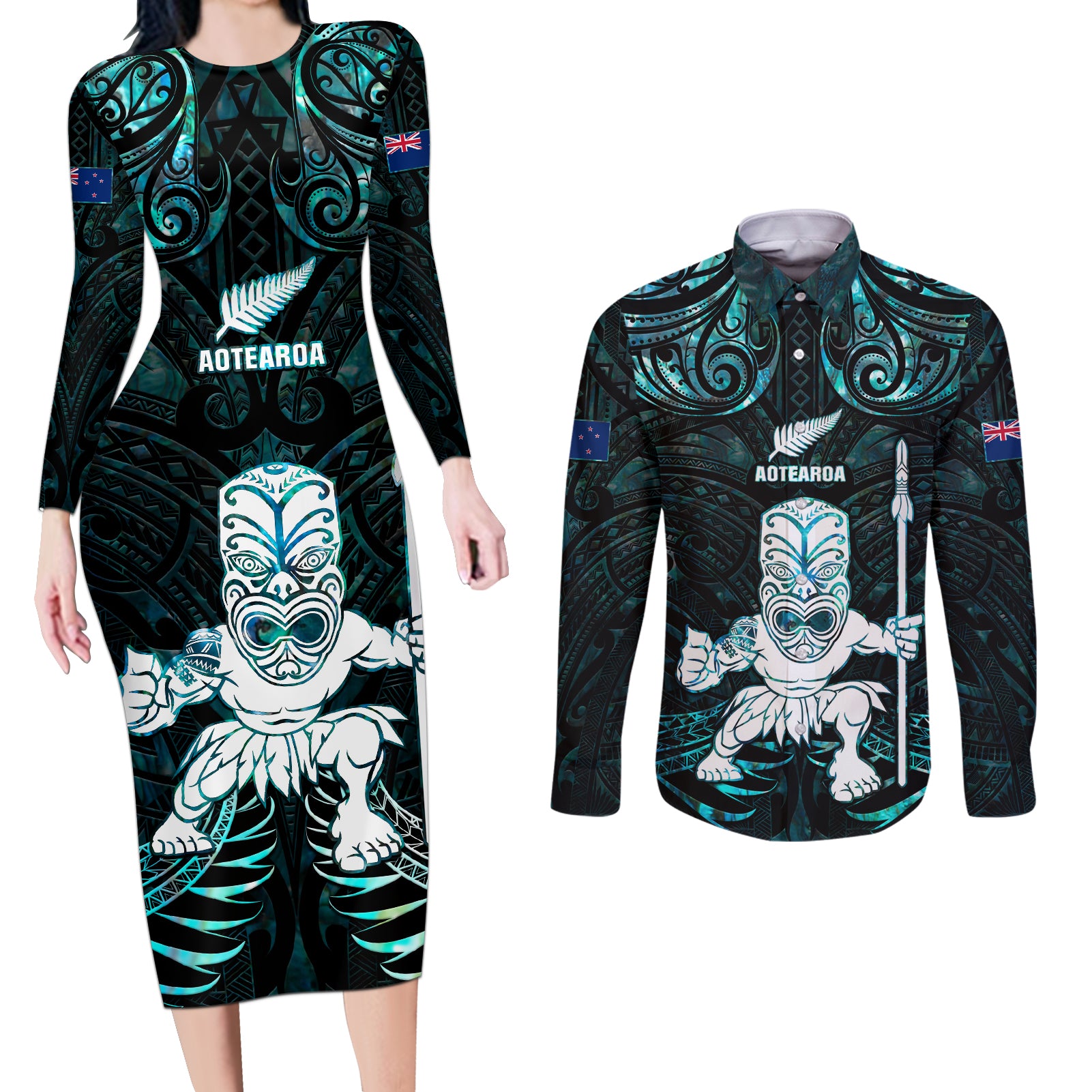 Custom New Zealand Maori Taiaha Couples Matching Long Sleeve Bodycon Dress and Long Sleeve Button Shirt Tiki Warrior Paua Shell LT05 Black - Polynesian Pride