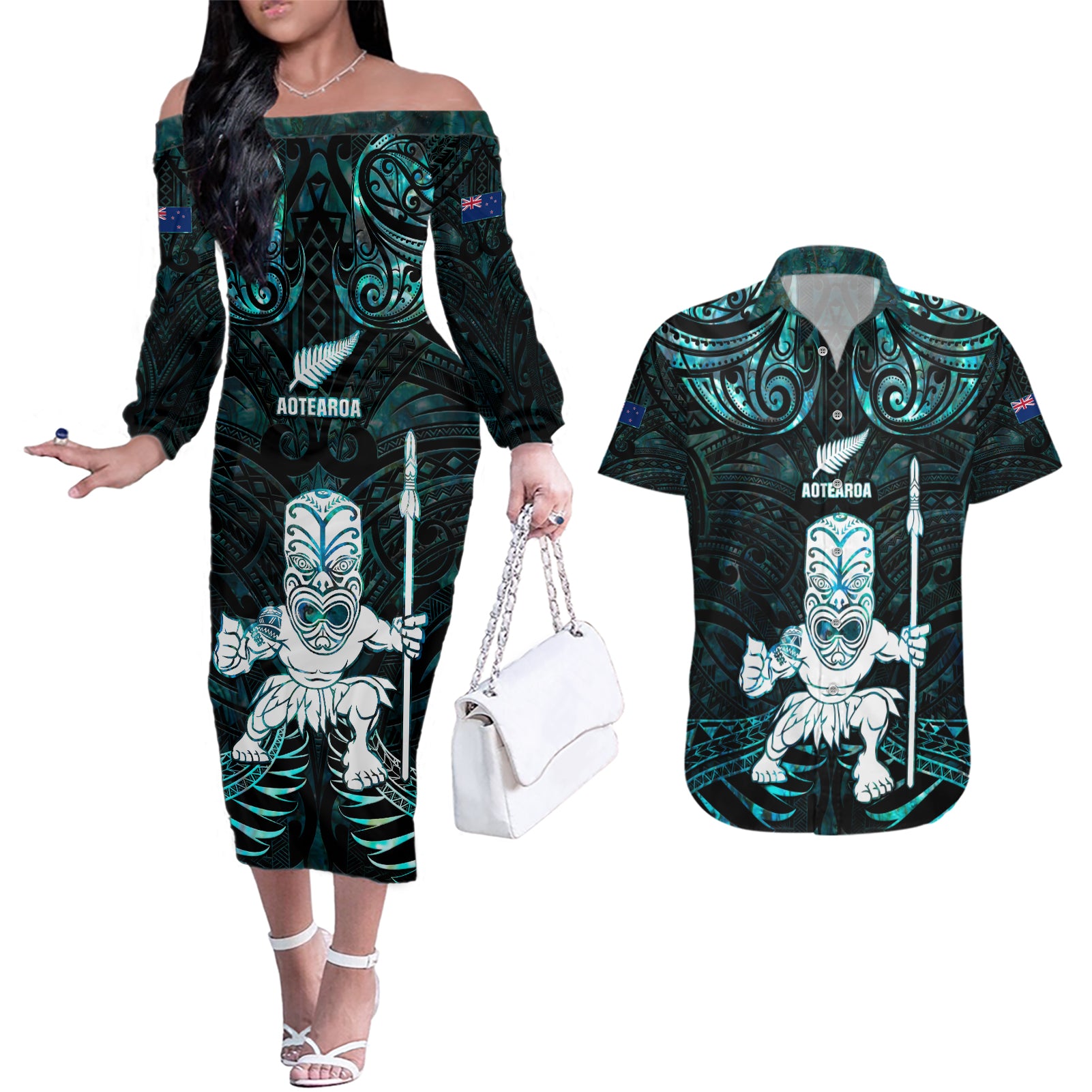 Custom New Zealand Maori Taiaha Couples Matching Off The Shoulder Long Sleeve Dress and Hawaiian Shirt Tiki Warrior Paua Shell LT05 Black - Polynesian Pride