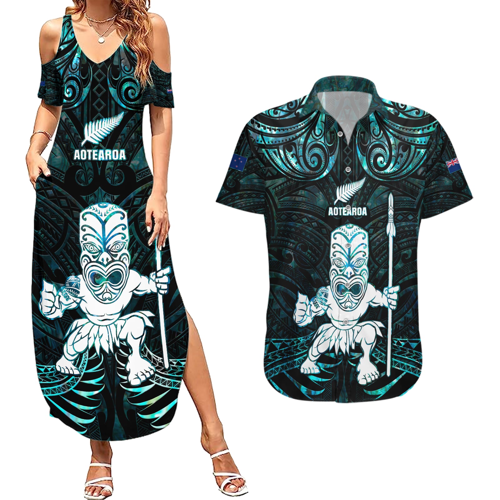 Custom New Zealand Maori Taiaha Couples Matching Summer Maxi Dress and Hawaiian Shirt Tiki Warrior Paua Shell LT05 Black - Polynesian Pride