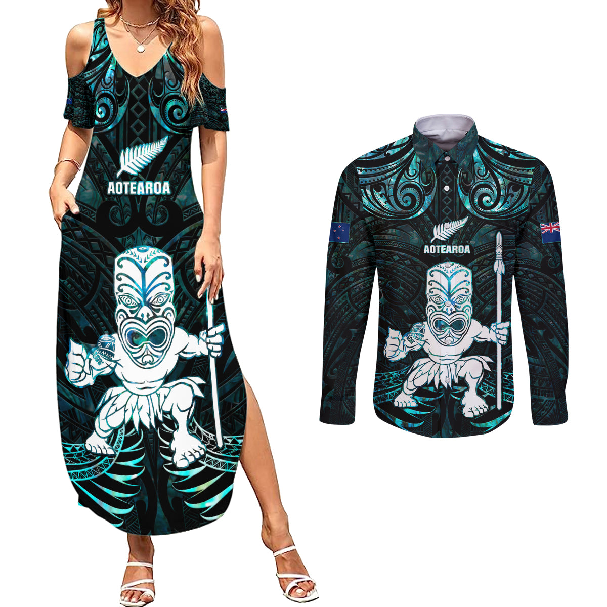 Custom New Zealand Maori Taiaha Couples Matching Summer Maxi Dress and Long Sleeve Button Shirt Tiki Warrior Paua Shell LT05 Black - Polynesian Pride