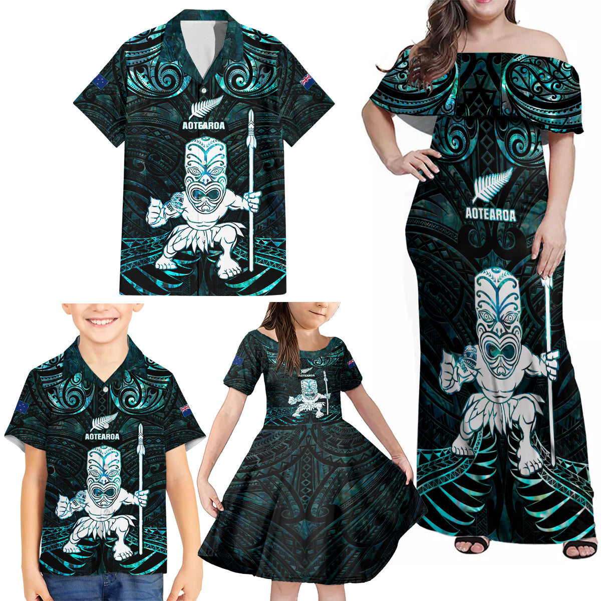 Custom New Zealand Maori Taiaha Family Matching Off Shoulder Maxi Dress and Hawaiian Shirt Tiki Warrior Paua Shell LT05 - Polynesian Pride