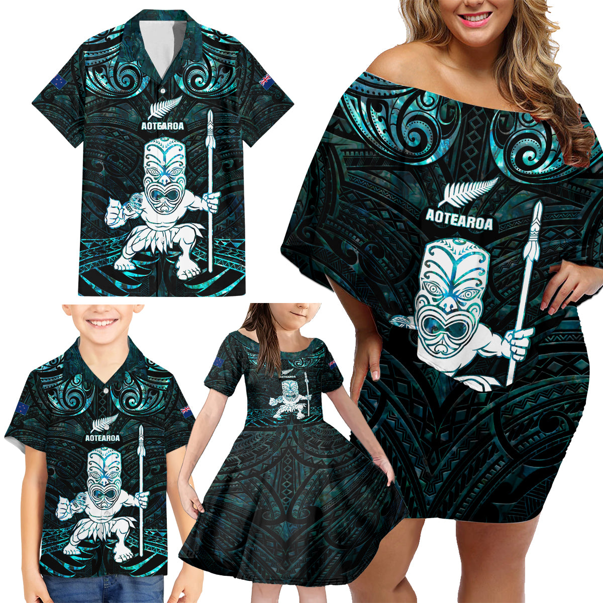 Custom New Zealand Maori Taiaha Family Matching Off Shoulder Short Dress and Hawaiian Shirt Tiki Warrior Paua Shell LT05 - Polynesian Pride