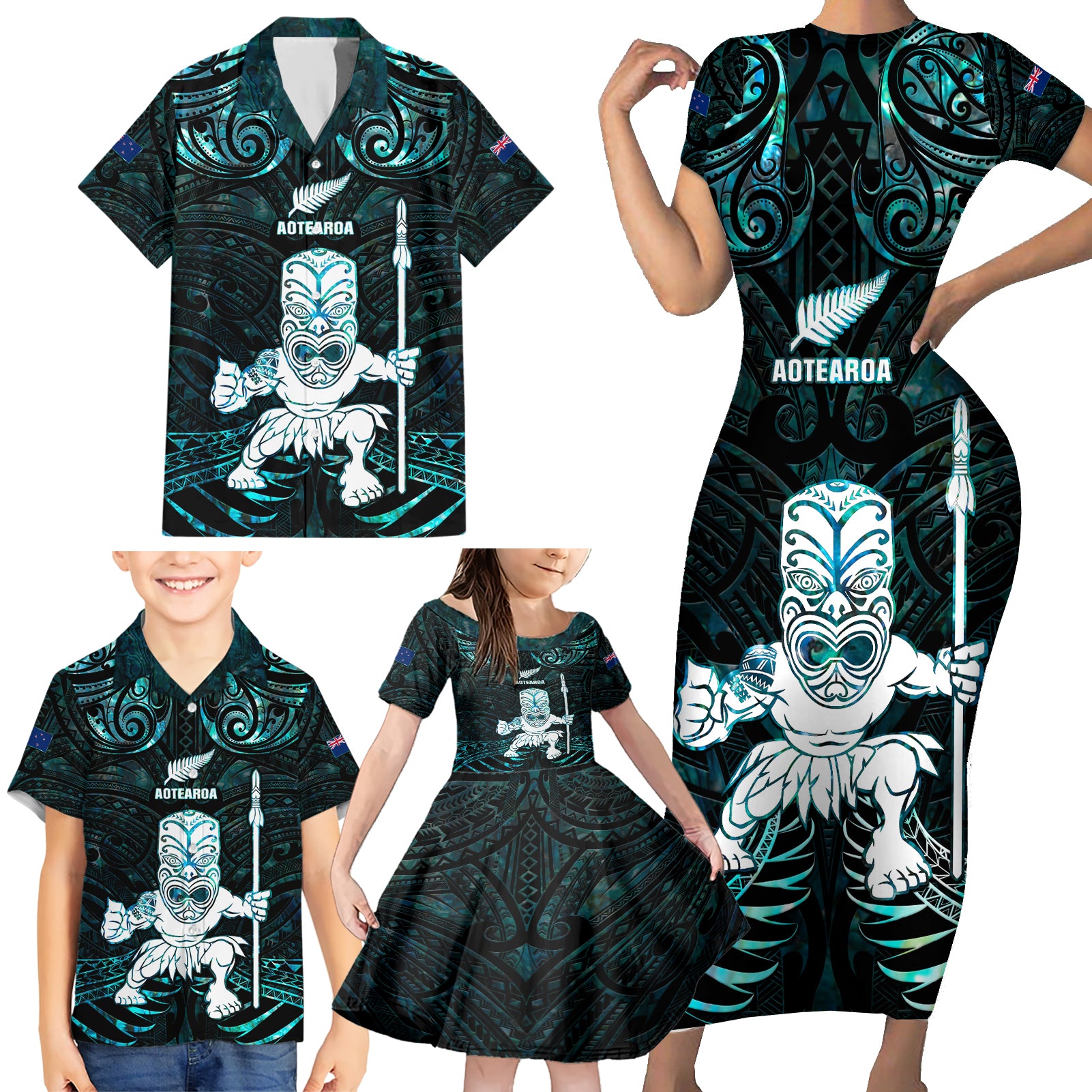 Custom New Zealand Maori Taiaha Family Matching Short Sleeve Bodycon Dress and Hawaiian Shirt Tiki Warrior Paua Shell LT05 - Polynesian Pride