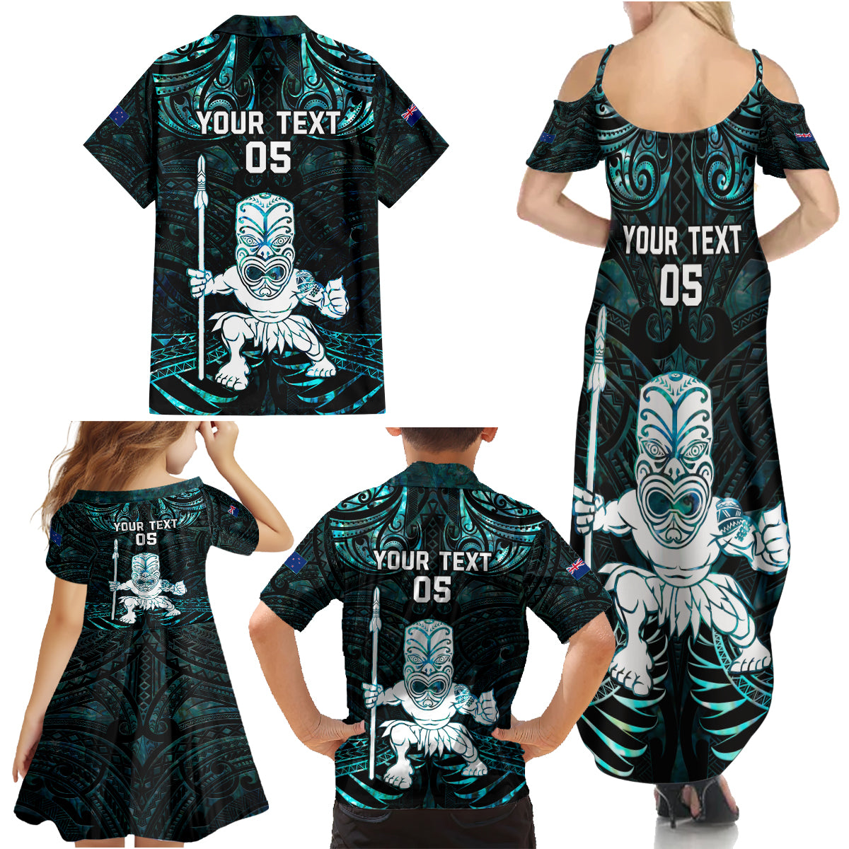 Custom New Zealand Maori Taiaha Family Matching Summer Maxi Dress and Hawaiian Shirt Tiki Warrior Paua Shell LT05 - Polynesian Pride