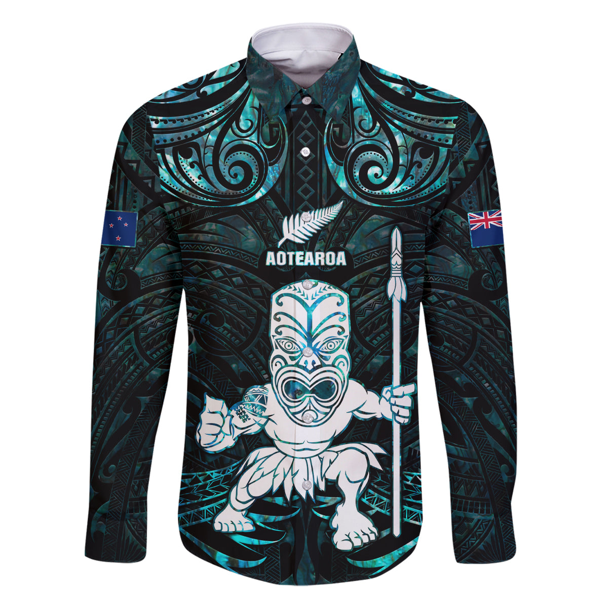 Custom New Zealand Maori Taiaha Family Matching Summer Maxi Dress and Hawaiian Shirt Tiki Warrior Paua Shell LT05 Dad's Shirt - Long Sleeve Black - Polynesian Pride