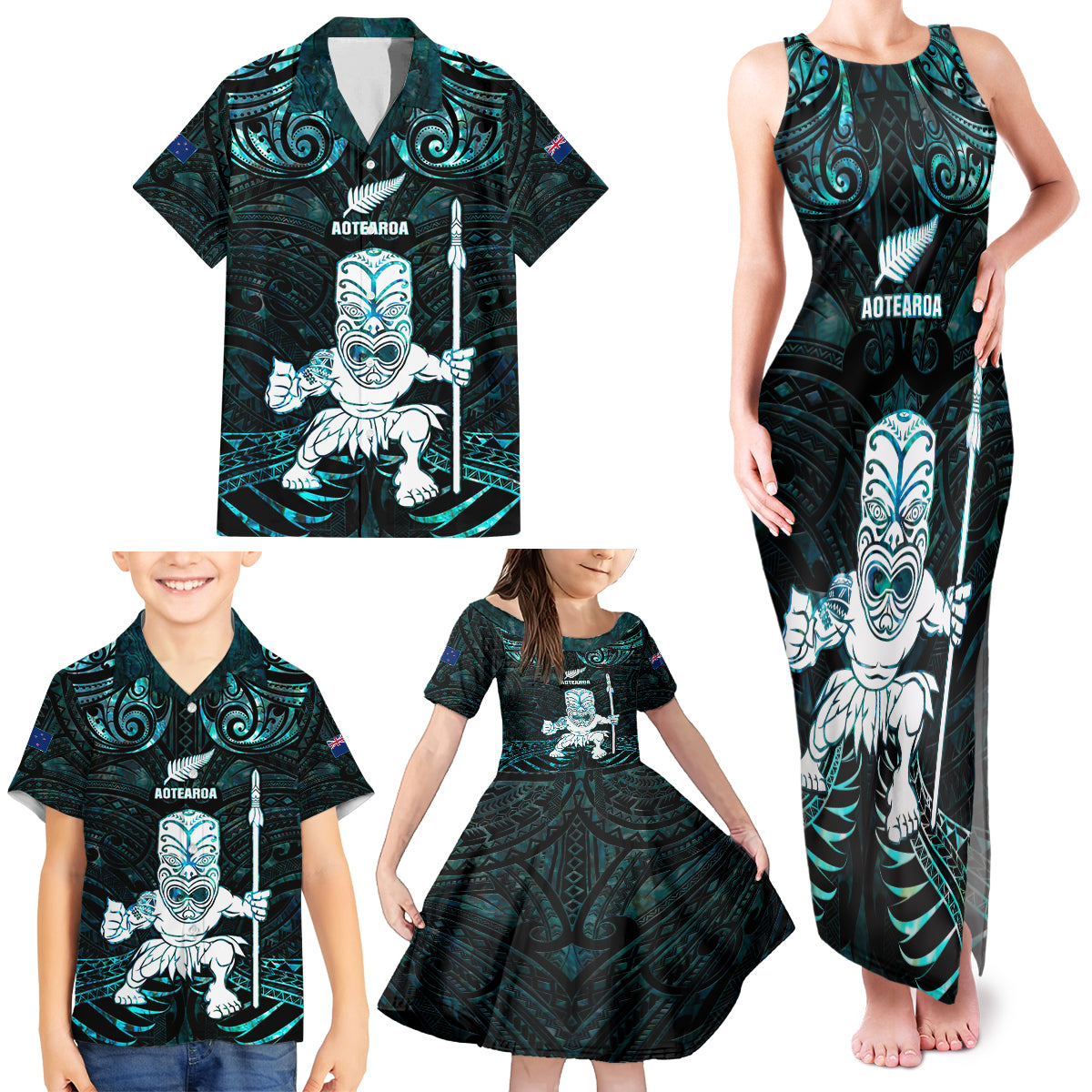 Custom New Zealand Maori Taiaha Family Matching Tank Maxi Dress and Hawaiian Shirt Tiki Warrior Paua Shell LT05 - Polynesian Pride