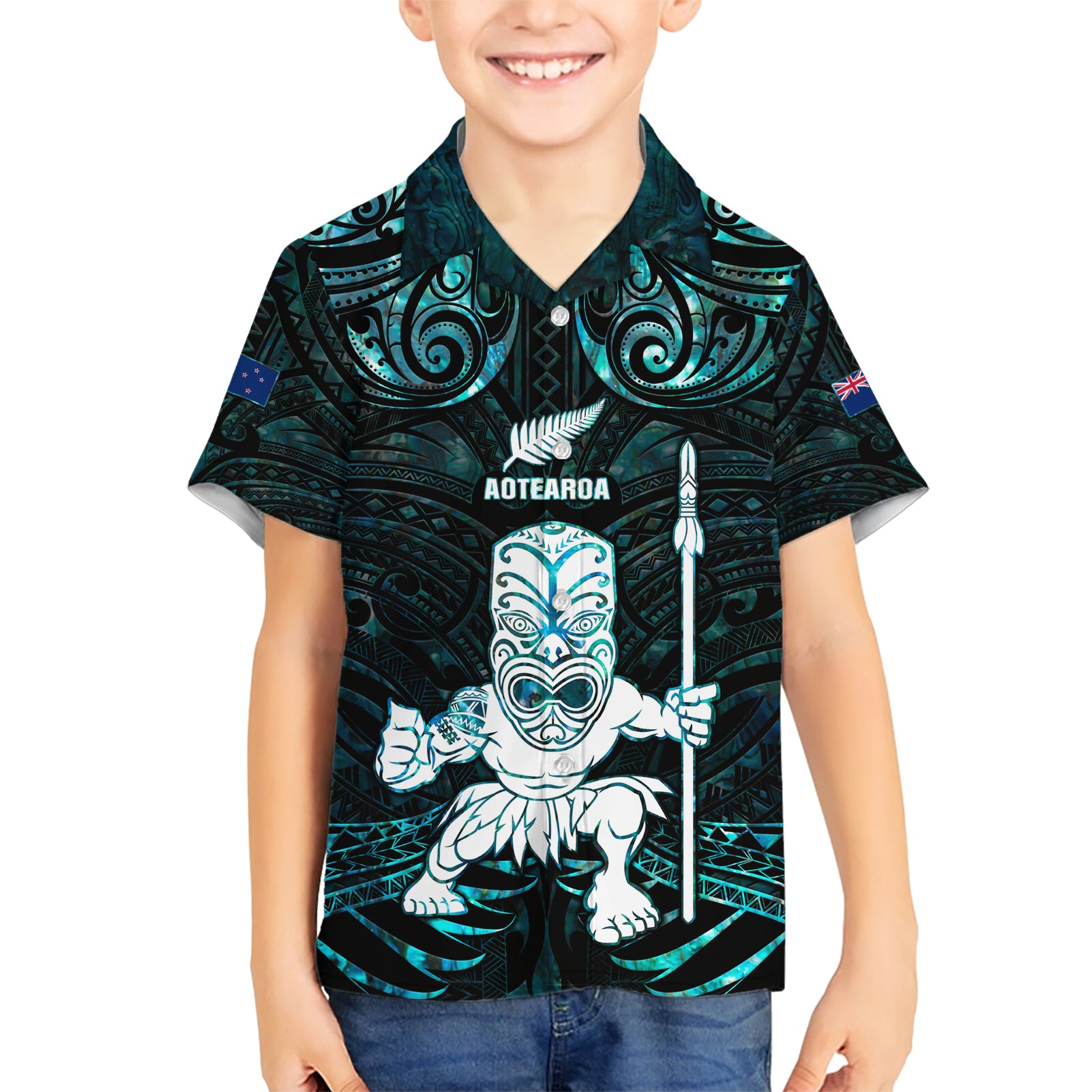 Custom New Zealand Maori Taiaha Kid Hawaiian Shirt Tiki Warrior Paua Shell LT05 Kid Black - Polynesian Pride