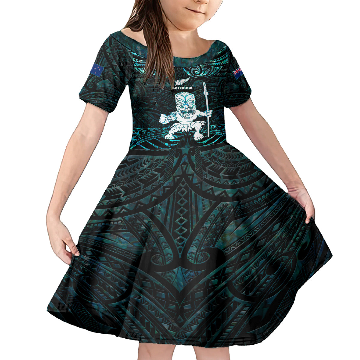 Custom New Zealand Maori Taiaha Kid Short Sleeve Dress Tiki Warrior Paua Shell LT05 KID Black - Polynesian Pride