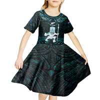 Custom New Zealand Maori Taiaha Kid Short Sleeve Dress Tiki Warrior Paua Shell LT05 - Polynesian Pride