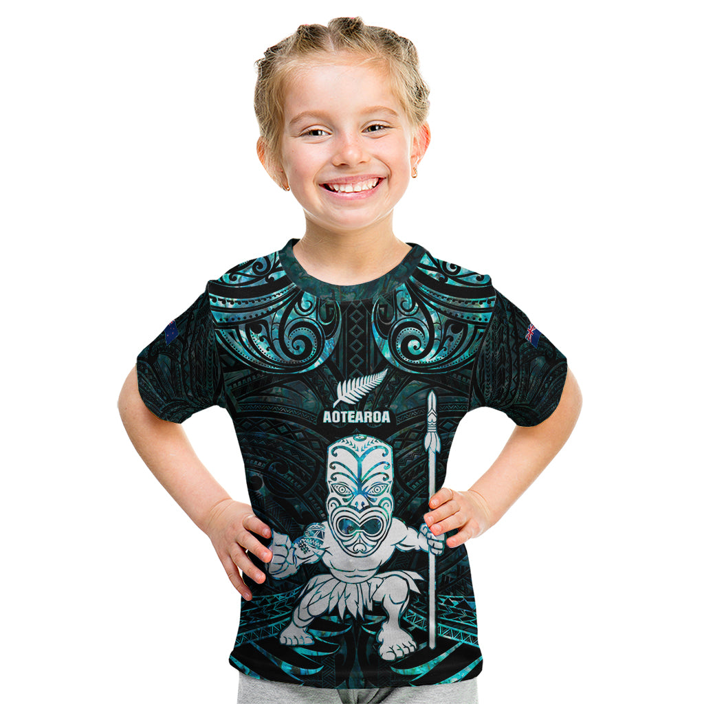 Custom New Zealand Maori Taiaha Kid T Shirt Tiki Warrior Paua Shell LT05 Black - Polynesian Pride