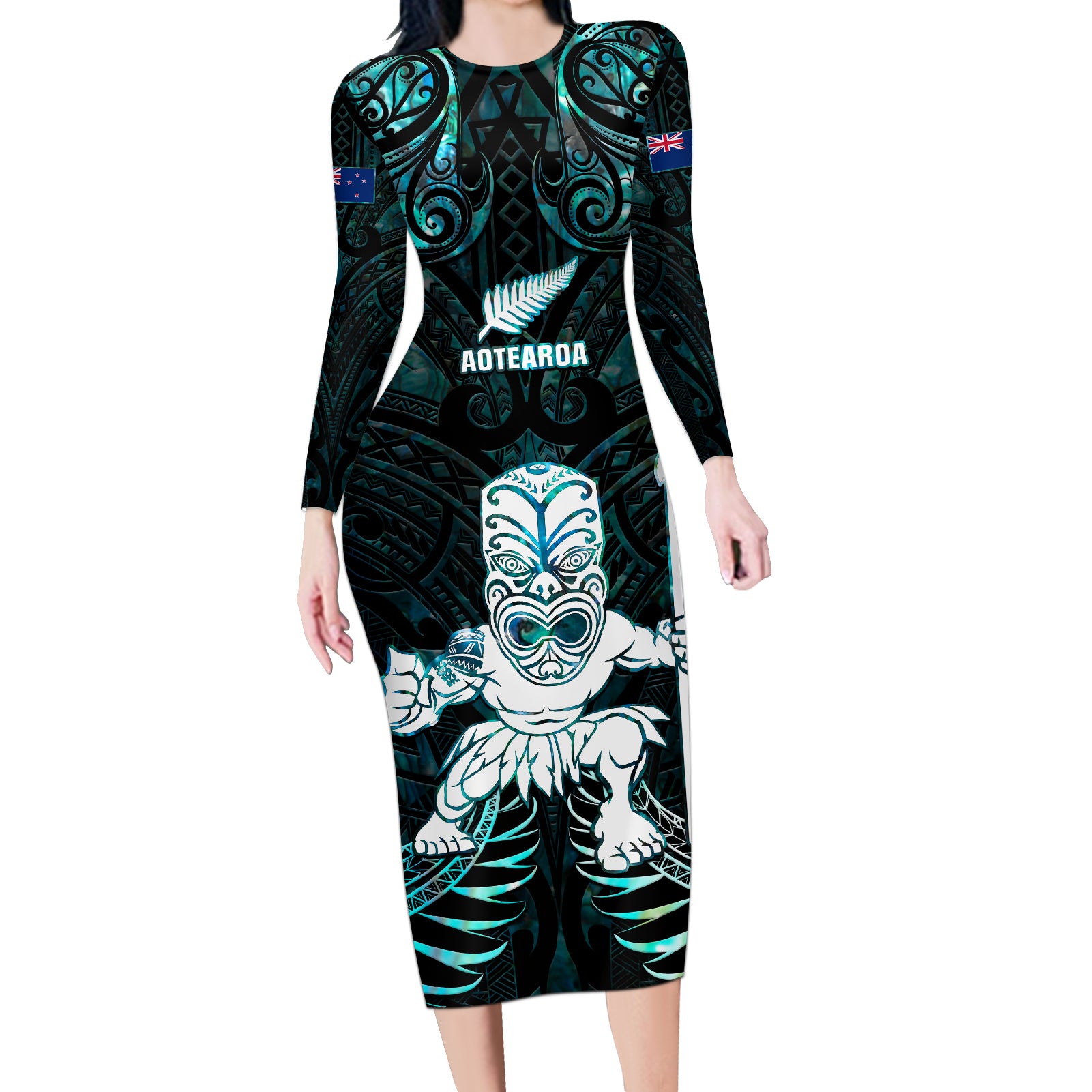 Custom New Zealand Maori Taiaha Long Sleeve Bodycon Dress Tiki Warrior Paua Shell LT05 Long Dress Black - Polynesian Pride