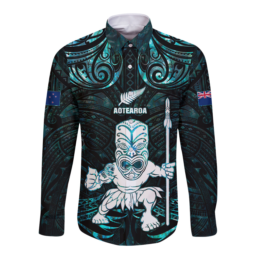 Custom New Zealand Maori Taiaha Long Sleeve Button Shirt Tiki Warrior Paua Shell LT05 Unisex Black - Polynesian Pride