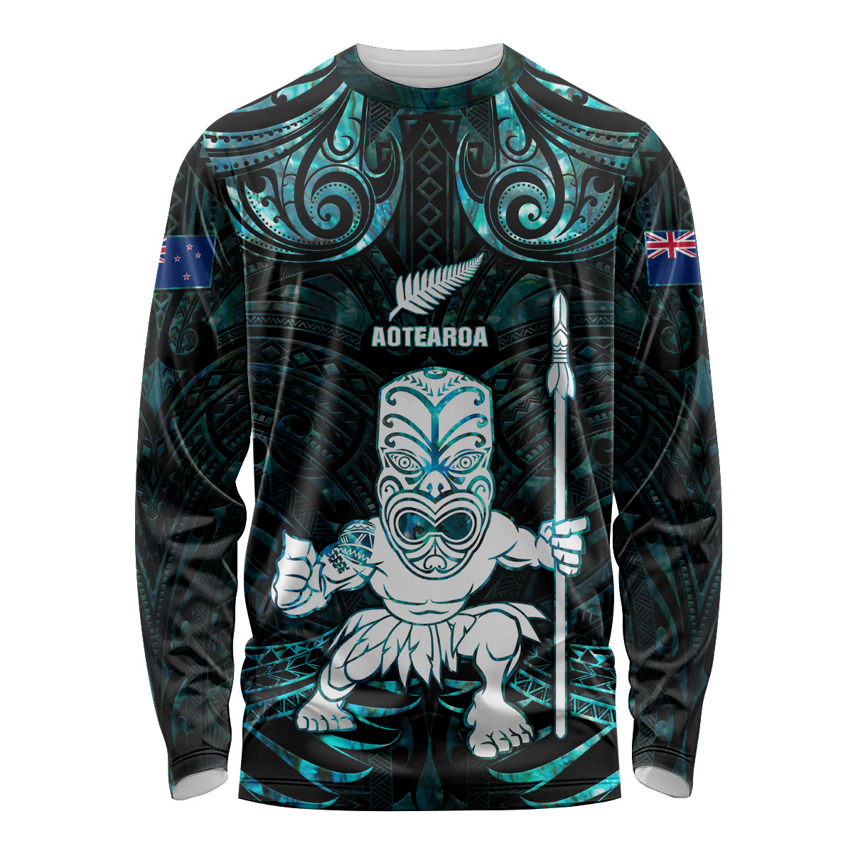 Custom New Zealand Maori Taiaha Long Sleeve Shirt Tiki Warrior Paua Shell LT05 Unisex Black - Polynesian Pride