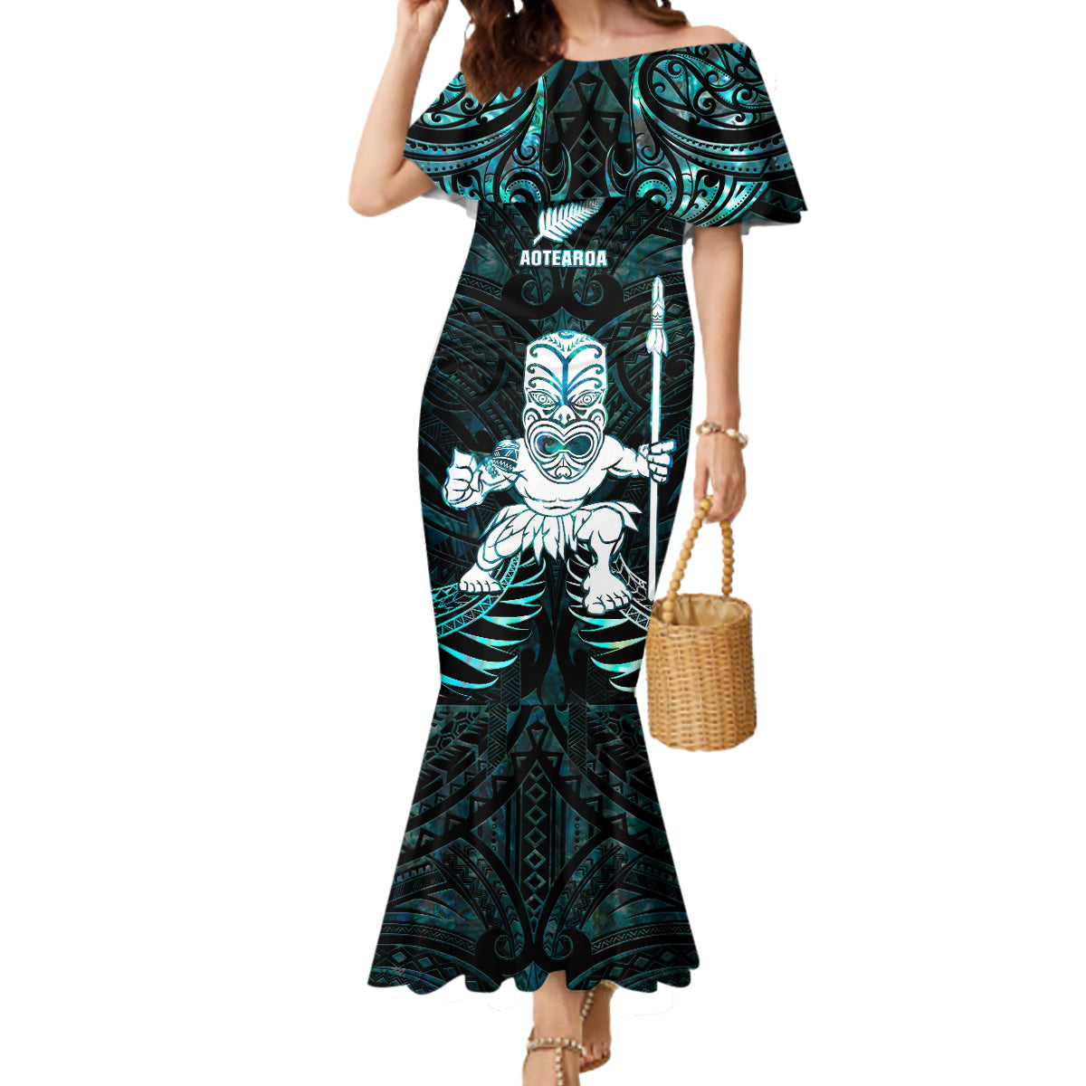 Custom New Zealand Maori Taiaha Mermaid Dress Tiki Warrior Paua Shell LT05 Women Black - Polynesian Pride