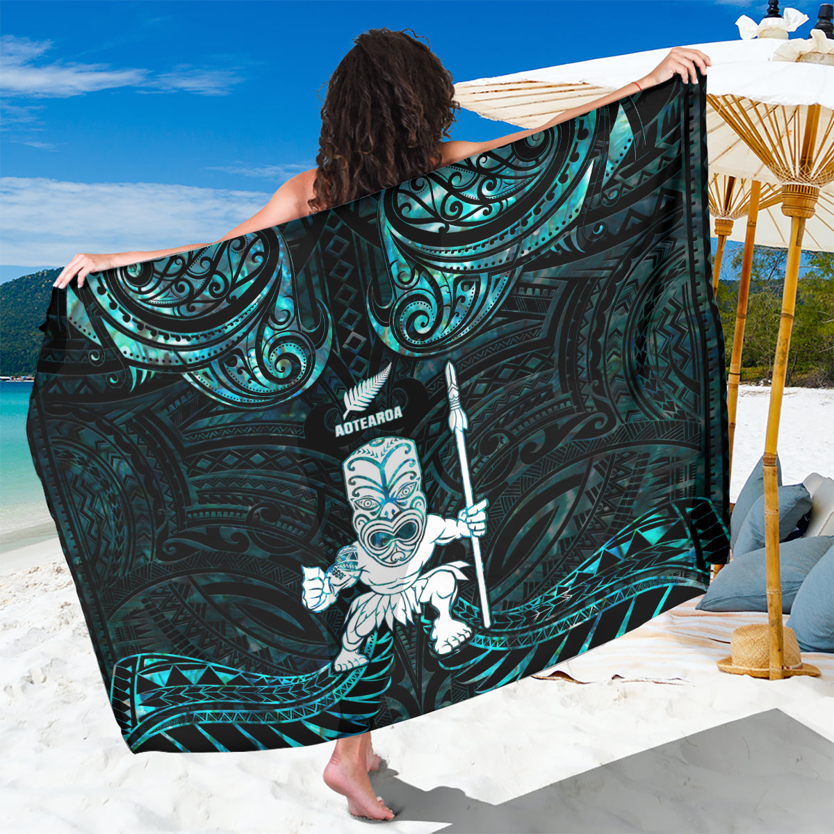 New Zealand Maori Taiaha Sarong Tiki Warrior Paua Shell LT05 One Size 44 x 66 inches Black - Polynesian Pride