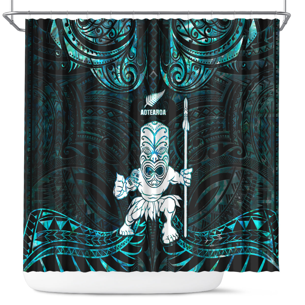 New Zealand Maori Taiaha Shower Curtain Tiki Warrior Paua Shell LT05 Black - Polynesian Pride