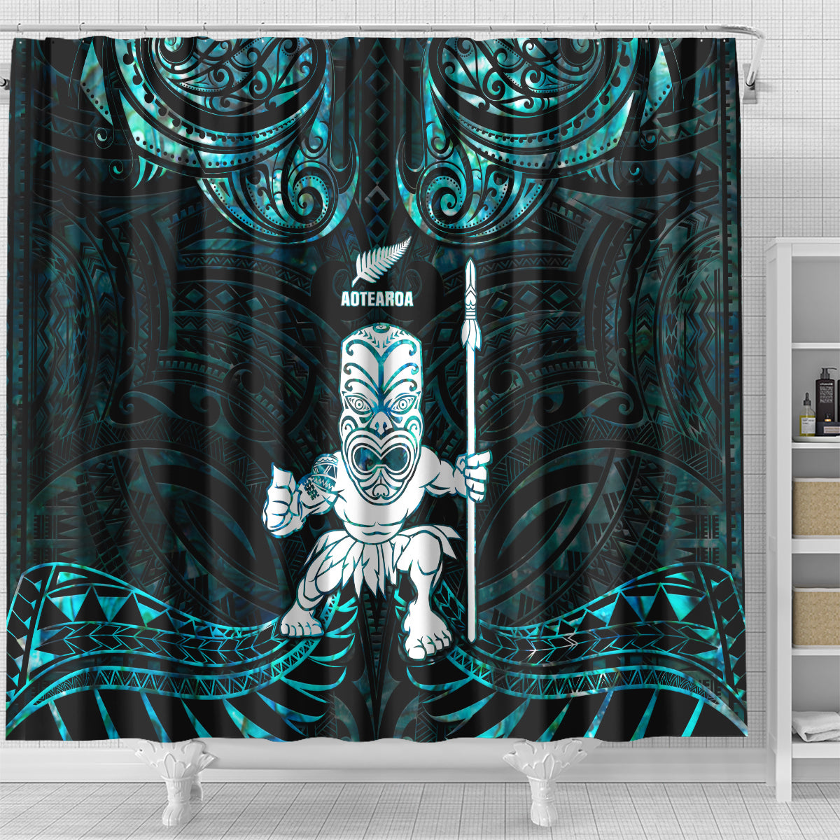 New Zealand Maori Taiaha Shower Curtain Tiki Warrior Paua Shell LT05 - Polynesian Pride