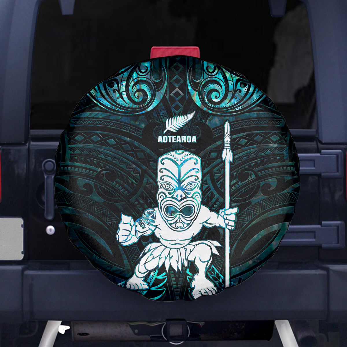 New Zealand Maori Taiaha Spare Tire Cover Tiki Warrior Paua Shell LT05 Black - Polynesian Pride