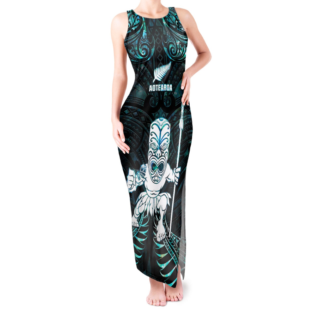 Custom New Zealand Maori Taiaha Tank Maxi Dress Tiki Warrior Paua Shell LT05 Women Black - Polynesian Pride