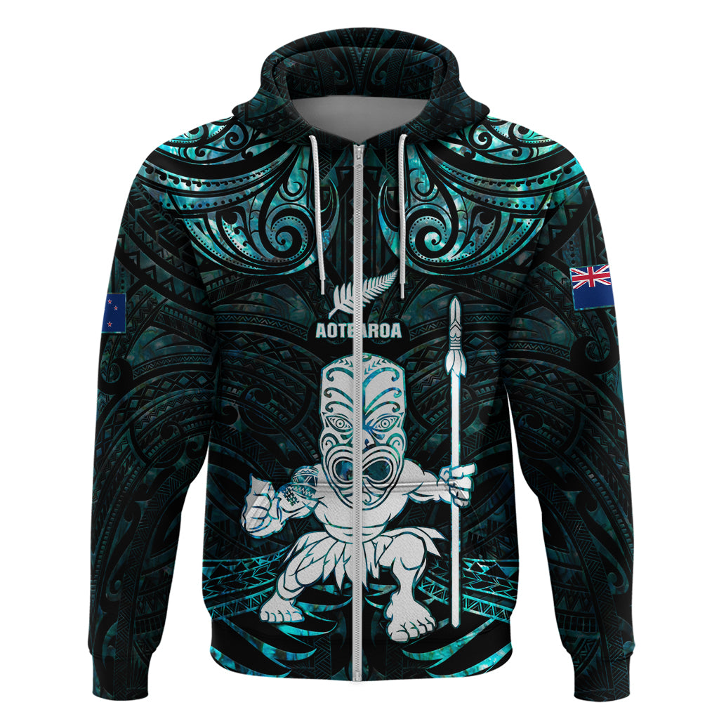 Custom New Zealand Maori Taiaha Zip Hoodie Tiki Warrior Paua Shell LT05 Zip Hoodie Black - Polynesian Pride