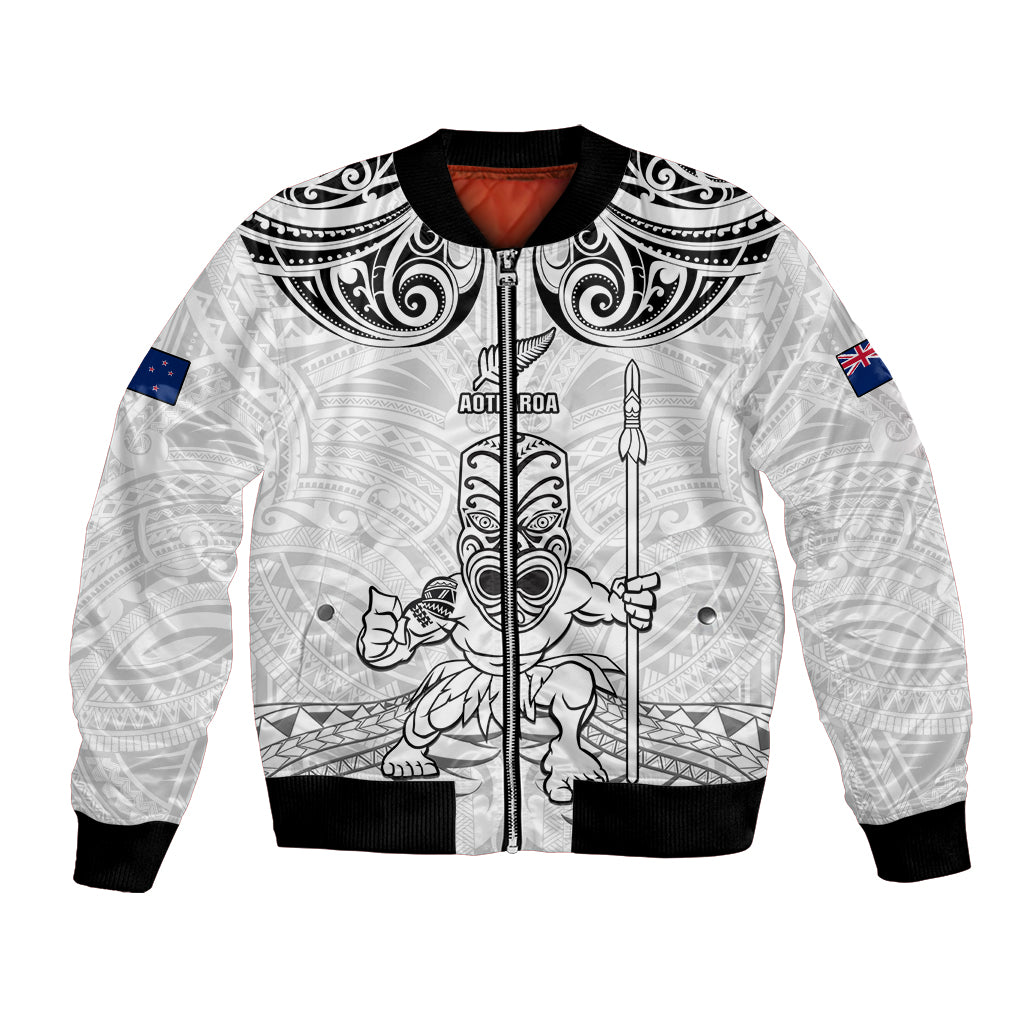 Custom New Zealand Maori Taiaha Bomber Jacket Tiki Warrior White LT05 Unisex White - Polynesian Pride