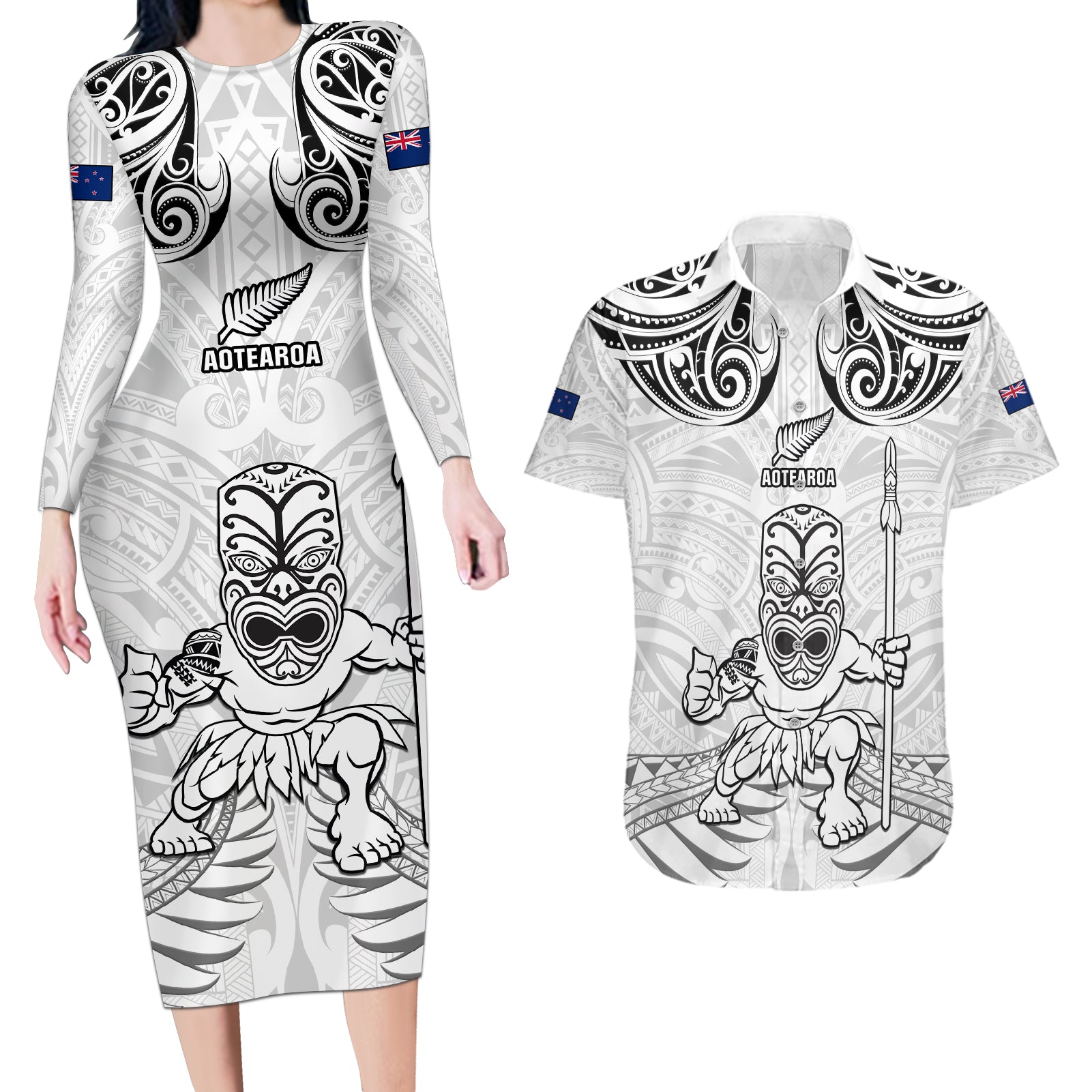 Custom New Zealand Maori Taiaha Couples Matching Long Sleeve Bodycon Dress and Hawaiian Shirt Tiki Warrior White LT05 White - Polynesian Pride