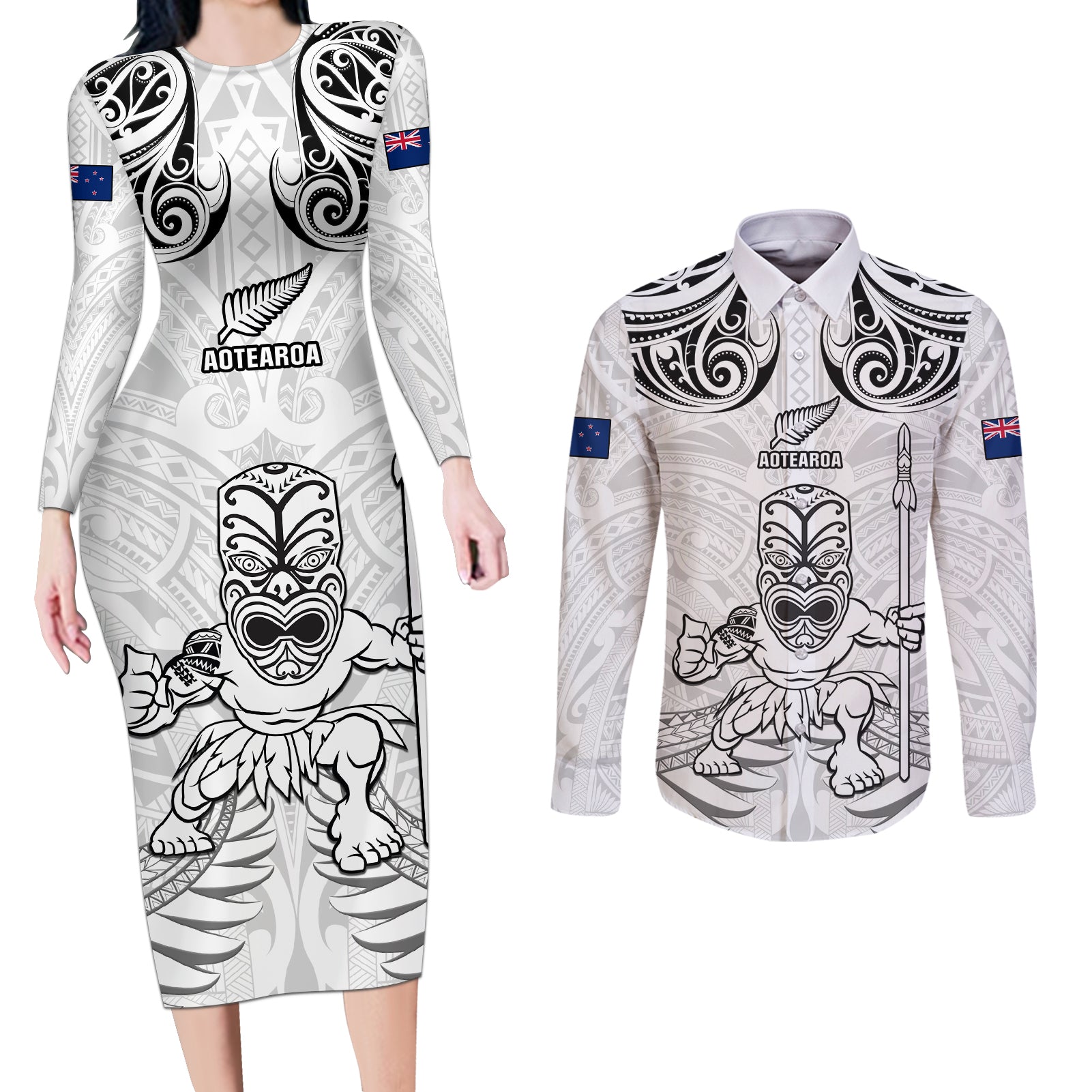 Custom New Zealand Maori Taiaha Couples Matching Long Sleeve Bodycon Dress and Long Sleeve Button Shirt Tiki Warrior White LT05 White - Polynesian Pride