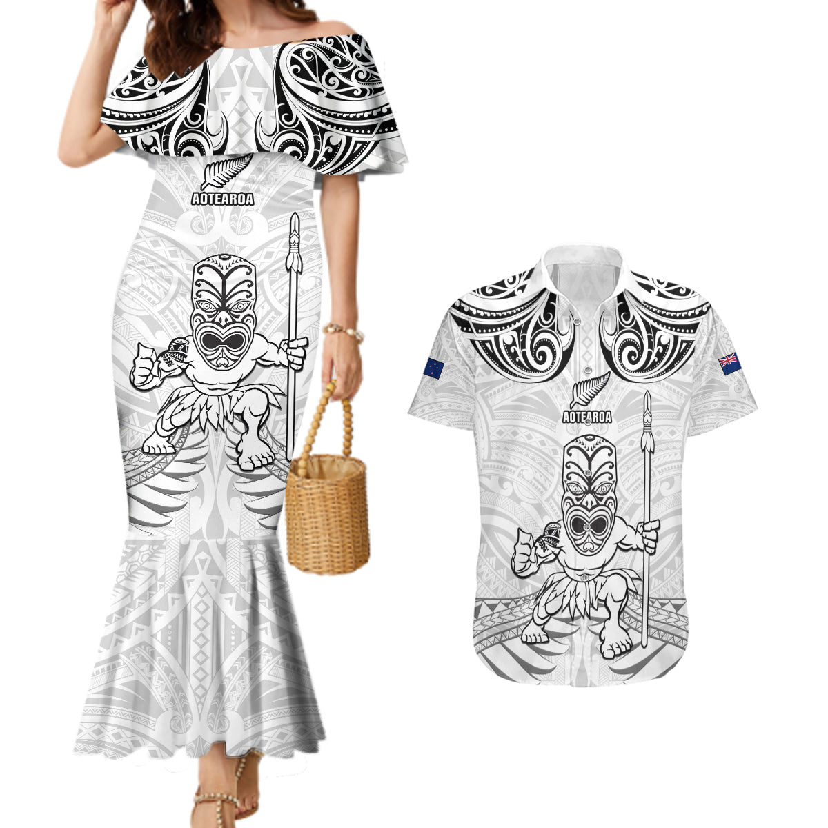 Custom New Zealand Maori Taiaha Couples Matching Mermaid Dress and Hawaiian Shirt Tiki Warrior White LT05 White - Polynesian Pride