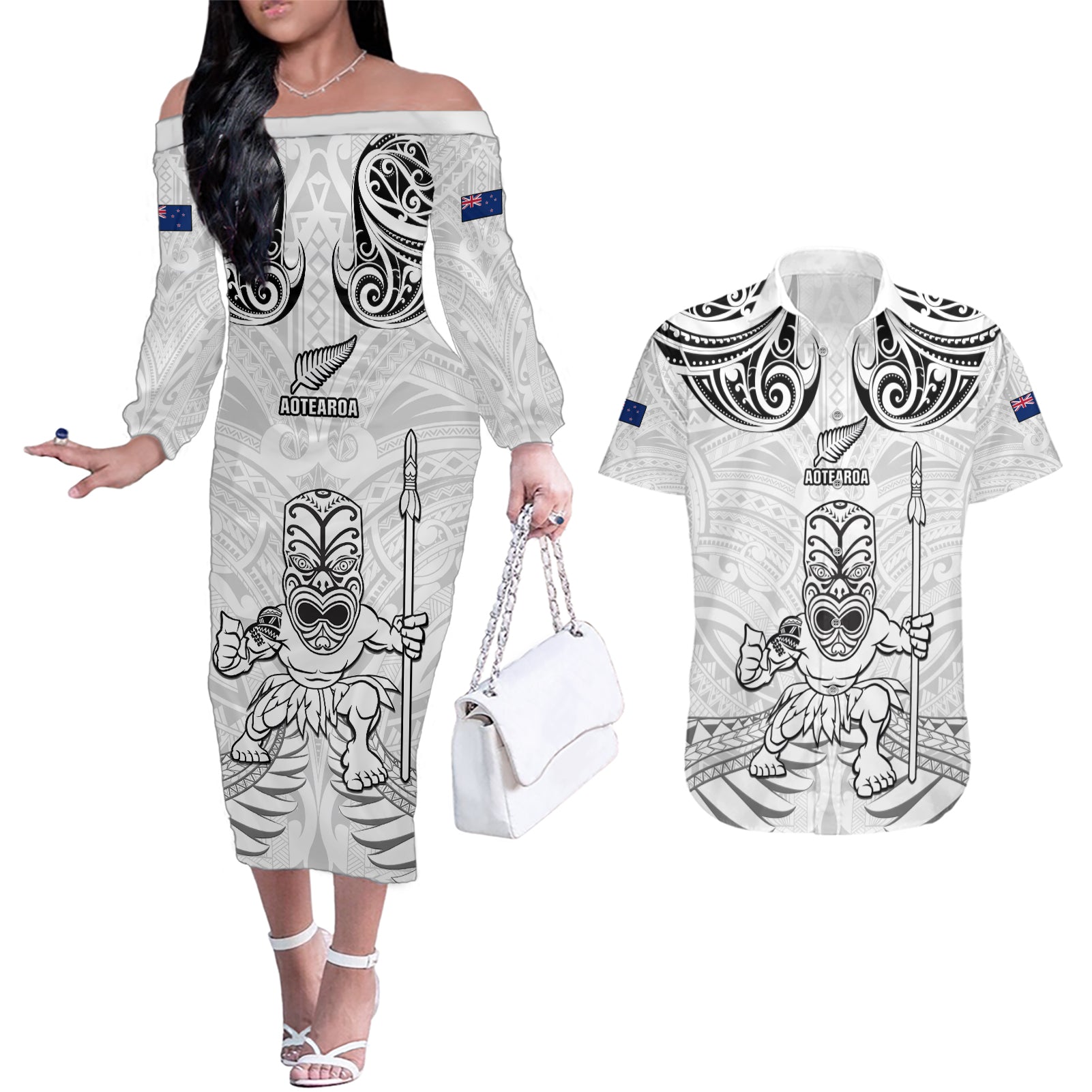 Custom New Zealand Maori Taiaha Couples Matching Off The Shoulder Long Sleeve Dress and Hawaiian Shirt Tiki Warrior White LT05 White - Polynesian Pride