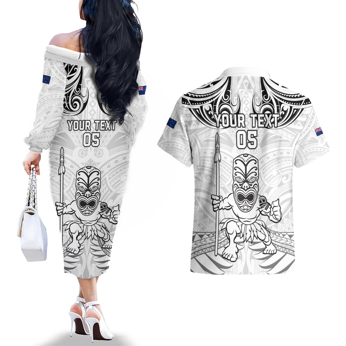 Custom New Zealand Maori Taiaha Couples Matching Off The Shoulder Long Sleeve Dress and Hawaiian Shirt Tiki Warrior White LT05 - Polynesian Pride