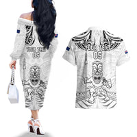 Custom New Zealand Maori Taiaha Couples Matching Off The Shoulder Long Sleeve Dress and Hawaiian Shirt Tiki Warrior White LT05 - Polynesian Pride