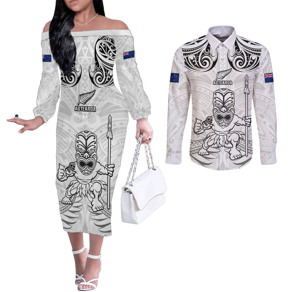 Custom New Zealand Maori Taiaha Couples Matching Off The Shoulder Long Sleeve Dress and Long Sleeve Button Shirt Tiki Warrior White LT05 White - Polynesian Pride